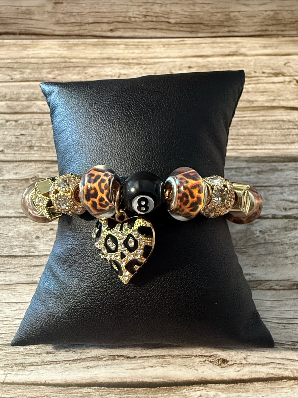 Gold Tone Leopard Print Charm Bracelet with 8 Ball and Heart Stainless Steel